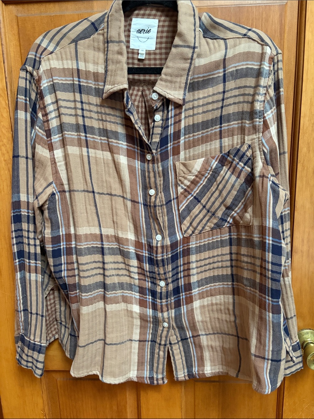 aerie Beige and Navy Plaid Button-Down Shirt